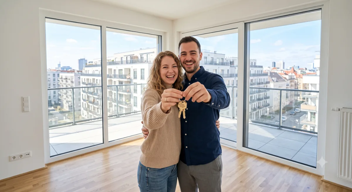Junges Paar mit Wohnungsschlüssel in einer hellen Wohnung